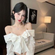 批发纯欲风辣妹一字蝴蝶结吊带衬衫2026<b class='q'>秋</b>季新款性感短款长袖衬衣套头