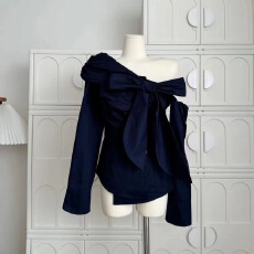 批发DoggyQin 秋の爱恋/一字松紧斜肩<b class='q'>情侣</b><b class='q'>衬衫</b>复古格子条纹<b class='q'>长袖</b>衬衣