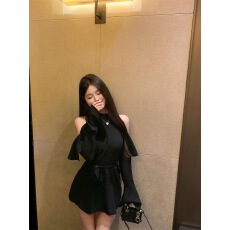 批发<b class='q'>黑色</b>露肩挂脖长袖雪纺连衣裙女夏季辣妹绑带短裙显瘦收腰a字裙子