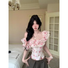 批发法式荷叶边短袖碎花衬衫女夏季蕾丝拼接修身衬衣温柔风收腰上衣