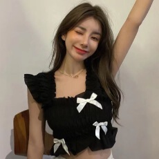 批发法式甜美风设计感褶皱蝴蝶结方领<b class='q'>无袖</b>木耳边<b class='q'>雪纺上衣</b>