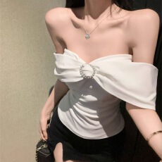 批发法式气质高级感白色露肩抹胸上衣女纯欲辣妹性感一字肩修身衬衫