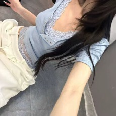 批发2026夏季新款蕾丝拼接假两件V领<b class='q'>孕妇</b><b class='q'>T</b>恤女辣妹<b class='q'>修身</b>显瘦打底衫上衣
