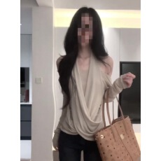 批发纯欲风一字肩挂脖长袖T恤女<b class='q'>秋</b>季新款气质修身显瘦假两件拼接上衣