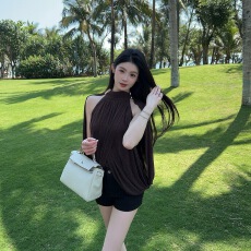 批发法式高级感夏季新款紫色挂脖雪纺衫女斗篷式露肩上衣宽松气质小衫