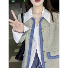 批发名媛设计感撞色拼接牛仔外套秋<b class='q'>冬</b>季新款高级气质百搭小香风上衣女