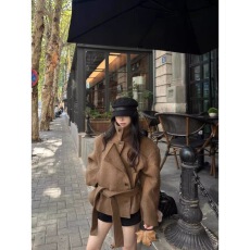 批发甜酷少女毛呢大学生纯色高级简约文艺系带外套<b class='q'>大码</b>双排扣秋季大衣