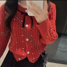 批发网红爆款烫钻圆领毛衣针织开衫女富家千金小香风<b class='q'>修身</b>短款外套上衣