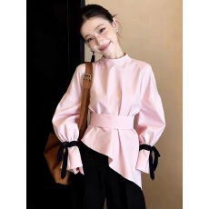 批发法式粉色收腰<b class='q'>衬衫</b>女2026新款秋冬设计感腰带百搭<b class='q'>上衣</b>女