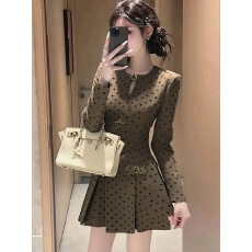 批发美拉德棕色波点<b class='q'>西装</b>连衣裙女2026秋冬新款爆款轻熟风收腰圆领短裙