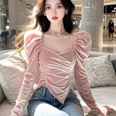 批发轻熟法式小众粉色丝绒长袖<b class='q'>衬衫</b>女高端修身泡泡袖内搭上衣2026冬季