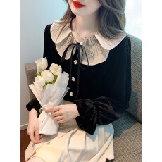 批发高级感欧货法式<b class='q'>娃娃领</b>系带丝绒长袖衬衫女秋名媛高端洋气小衫上衣