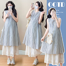 批发实拍孕妇<b class='q'>装</b>夏季法式文艺无袖条纹衬衫<b class='q'>连衣</b>裙复古蕾丝阔腿裤两件套