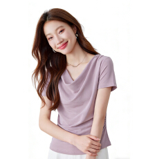 批发2026夏季立体感简约荡领百搭修身遮肚子显瘦醋酸光泽感短袖T恤