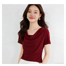 批发2026夏季优雅自然褶皱法式荡领醋酸光泽坠感短袖日常穿搭女士上衣