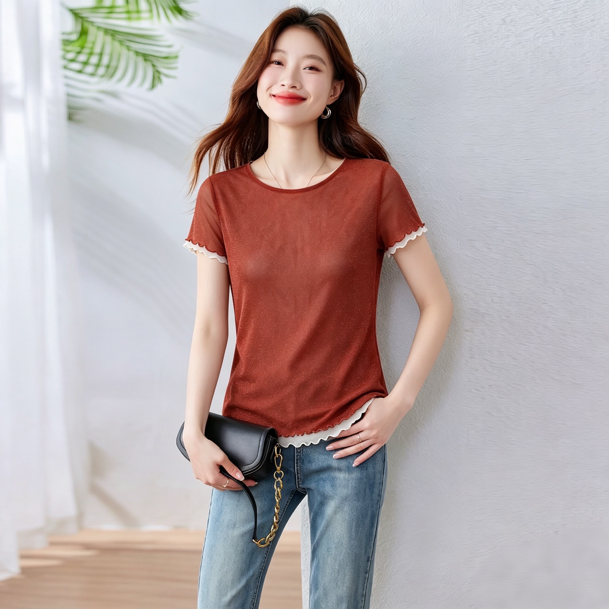 2026 봄 여름 새로운 몸매 가꾸기 슬림해 보이는 페이크 레이어드 레이스 망사 라운드 넥 반팔 티셔츠 재고 있음