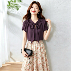 批发实拍衬衫女短袖<b class='q'>OL</b>通勤风优雅桑缎面上衣蝴蝶结飘带衫衬衣 有货