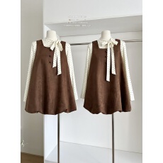 批发PtonUmi焦糖苞苞 棕色无袖花苞<b class='q'>背心连衣裙</b>女秋冬设计感复古裙子