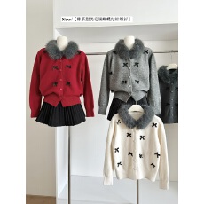 批发2025冬装新款甜美蝴蝶结毛领针织开衫女宽松长袖毛衣<b class='q'>外套</b>