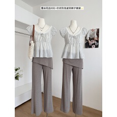 批发法式甜美减龄浪漫蕾丝花边条纹衬衫上衣<b class='q'>短袖</b>小飞袖娃娃衫女