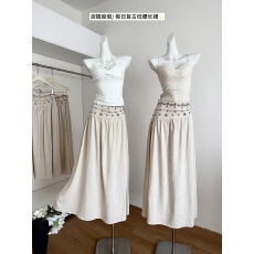 批发波嬉度假米白色A字半身裙女春季薄款裙子假日<b class='q'>复古</b>低腰长裙