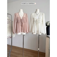 批发系带褶皱V领<b class='q'>长袖</b><b class='q'>雪纺</b>衫女2026春季新款韩系温柔气质泡泡袖上衣ins