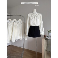 批发刘亦菲同款 镂空刺绣高质感棉麻<b class='q'>长袖</b>衬衫上衣