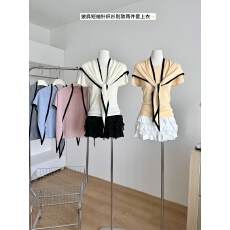 批发老钱风高级感带披肩两件套上衣女春夏季独特修身气质针织短袖<b class='q'>T</b><b class='q'>恤</b>