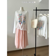 批发白水女 莫奈花园 肌理感印花落肩<b class='q'>T</b><b class='q'>恤</b>女夏季韩系慵懒甜美显瘦上衣