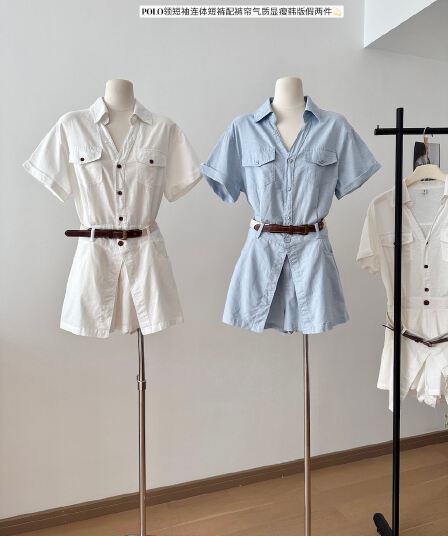usay2026 여름 새로운 POLO 칼라 반팔 아마 올인원 바지 패치워크 반 스커트 페이크 레이어드 워크웨어 바람 벨트