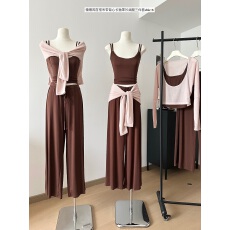 批发Skk Store 慵懒生巧棕210G天丝针织<b class='q'>条纹</b>吊带/亚麻罩衫/休闲<b class='q'>裤</b>套装