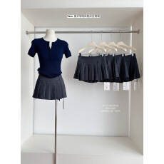 批发美式甜酷辣妹学院风灰色个性格纹百褶裙防走光A字迷你半身裙