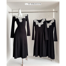 批发秋冬法式加绒黑色细闪<b class='q'>连衣裙</b>小个子蕾丝拼接气质收腰礼服长裙女