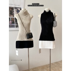 批发2025秋冬拽姐穿搭公式复古绞花层次感高领<b class='q'>针织</b>拼接连衣裙