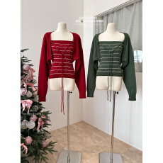 批发【墨绿<b class='q'>轻熟</b>】圣诞罗曼史绿色毛衣套装女冬季珍珠条纹抹胸针织开衫