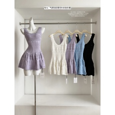 批发舒胡蕾 初恋小白花 纯欲风针织镂空无袖<b class='q'>连衣裙</b>短款收腰修身a字裙