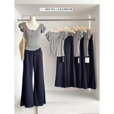 批发夏季新款双层木耳边小飞袖天丝<b class='q'>t</b><b class='q'>恤</b>上衣女夏显瘦波点休闲裤两件套