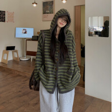 批发大码慵懒风条纹连帽针织开衫外套女秋季软糯毛衣胖MM<b class='q'>宽松</b>显瘦上衣