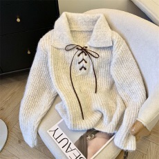 批发高级感法式温柔风翻领绑带<b class='q'>套头</b>毛衣女秋冬