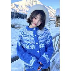 批发慵懒费尔岛毛衣外套女秋冬宝蓝色学院风针织开衫设计感宽松上衣潮