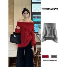 批发圣诞节新年过年战袍红色一字肩麻花毛衣女秋冬季宽松<b class='q'>露肩</b>针织上衣