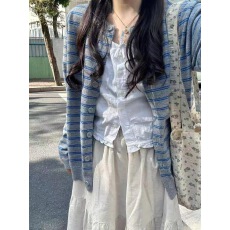 批发春秋季条纹撞色开衫洋气<b class='q'>百搭</b>显瘦复古毛衣女外穿内搭今年流行针织