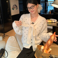 波点仿水貂毛衣开衫女秋冬韩系蝴蝶结绑带气质宽松绝美外套