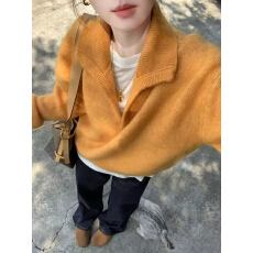 批发多巴胺橘色半开领宽松慵懒风<b class='q'>针织衫</b>毛衣女冬季加厚可外穿内搭上衣