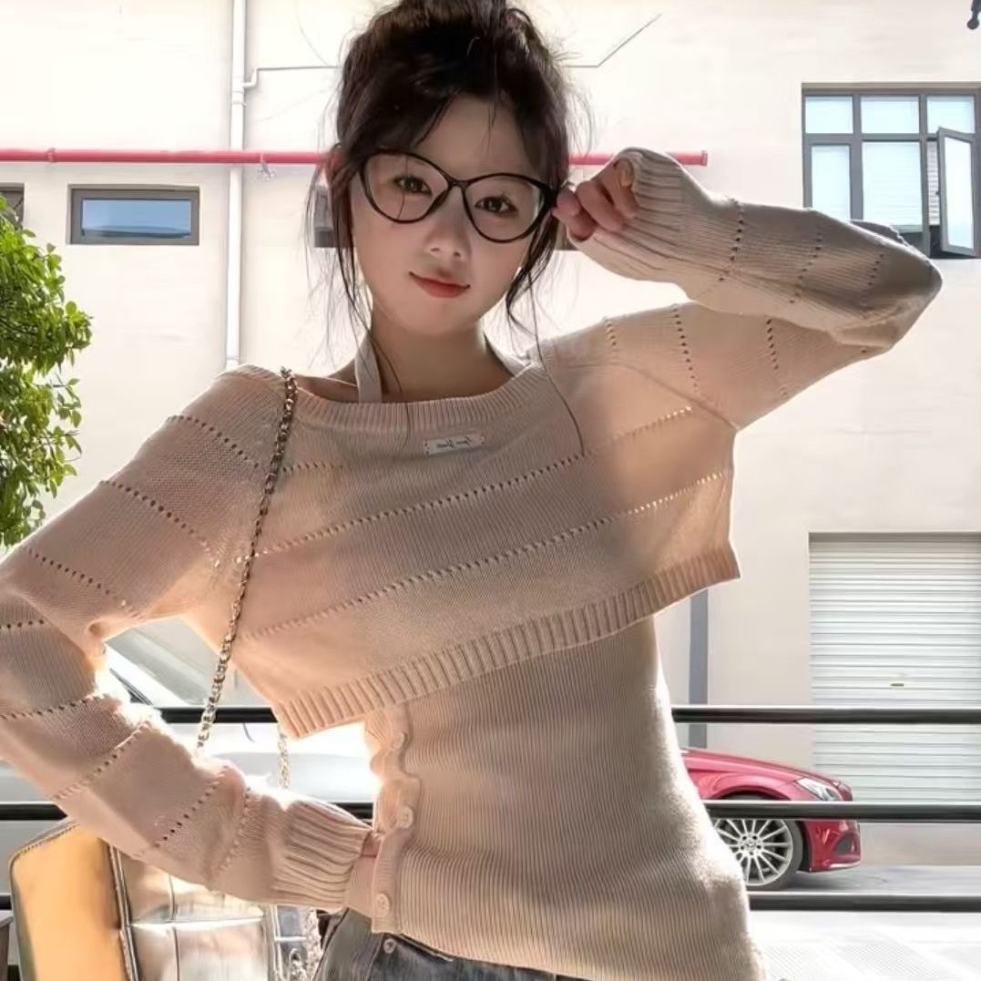 한 부서 chic 열린 봄 착용 가져 가라. 투피스 세트 몸매 가꾸기 행침 목 조끼 세트 니트 스웨터 홀로우 아웃 스웨터 Chic 맨위