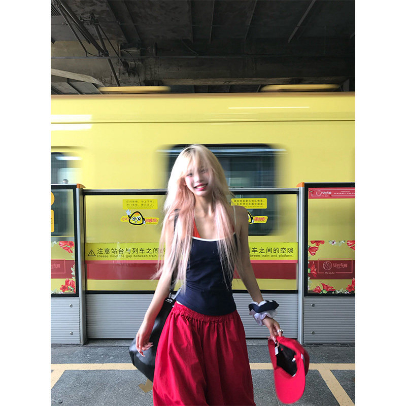 여름 아메리칸 페이크 레이어드 행침 목 캐미솔 핫걸 디자인 센스 몸매 가꾸기 슬림해 보이는 민소매 맨위