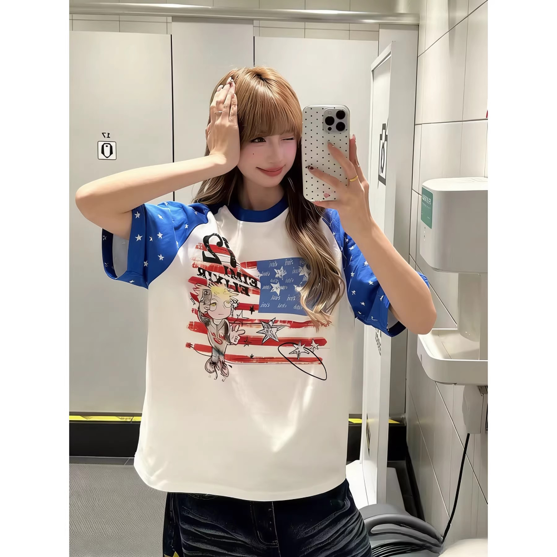 아메리칸 레트로 별 배색 삽입 어깨 소매 티셔츠 여성 봄 루즈핏 캐주얼 만나는 긴팔 맨위