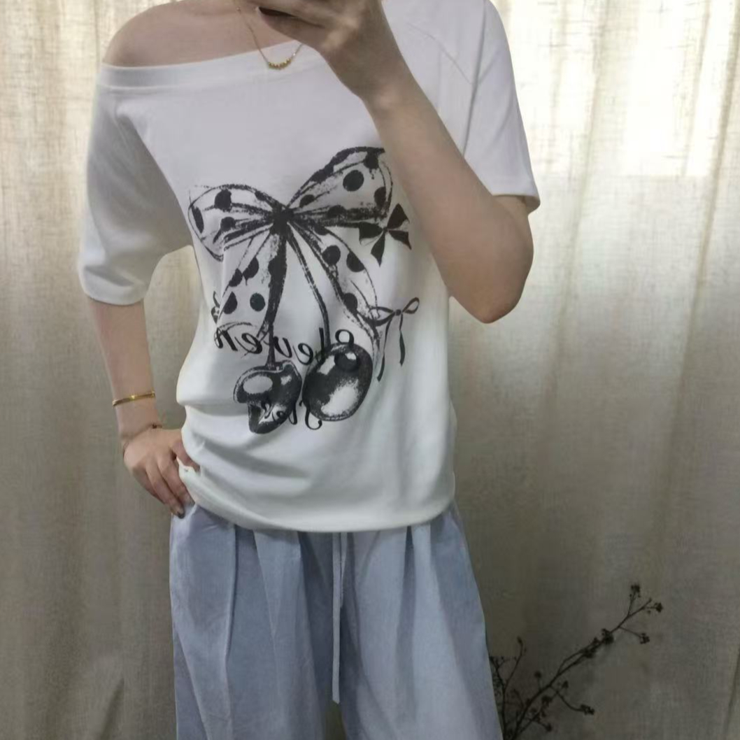 한 부서 달콤함 나비 매듭 프린트 비스듬한 어깨 반팔 티셔츠 여성 자이언트 잘 생긴 ~ 중 순수한 욕망 핫걸 슬림해 보이는 다용도 맨위