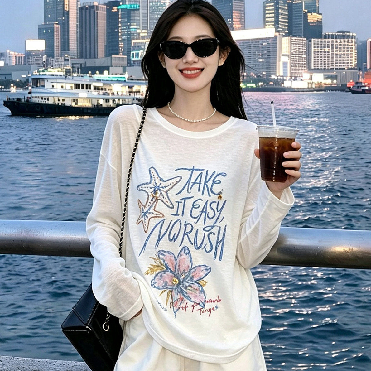한 부서 화이트 낙서 프린트 자외선 차단 긴팔 티셔츠 블라우스 여성 여름 고유 한 아름다운 자이언트 잘 생긴 외부 잡아라. 의류 얇은