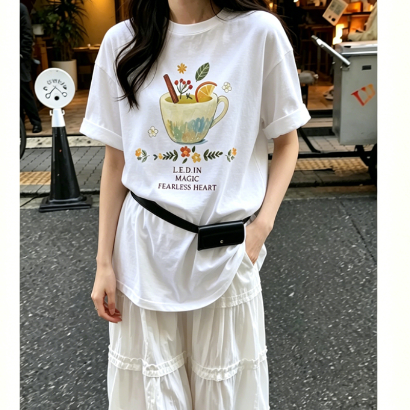한 부서 작은 청신 캐주얼 만화 프린트 반팔 티셔츠 여성 여름 새로운 루즈핏 슬림해 보이는 연령 감소 외국 가스 맨위